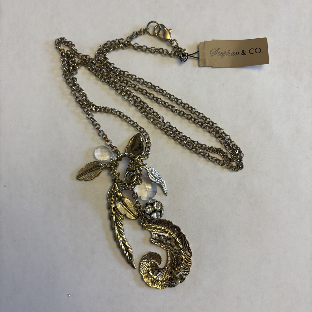 Stephan & Co. Antique Gold Boho Layered Feather Charm Pendant Necklace NWT
